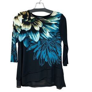 Alfani Black Floral Print Layered Hem Top - Teal & Cream